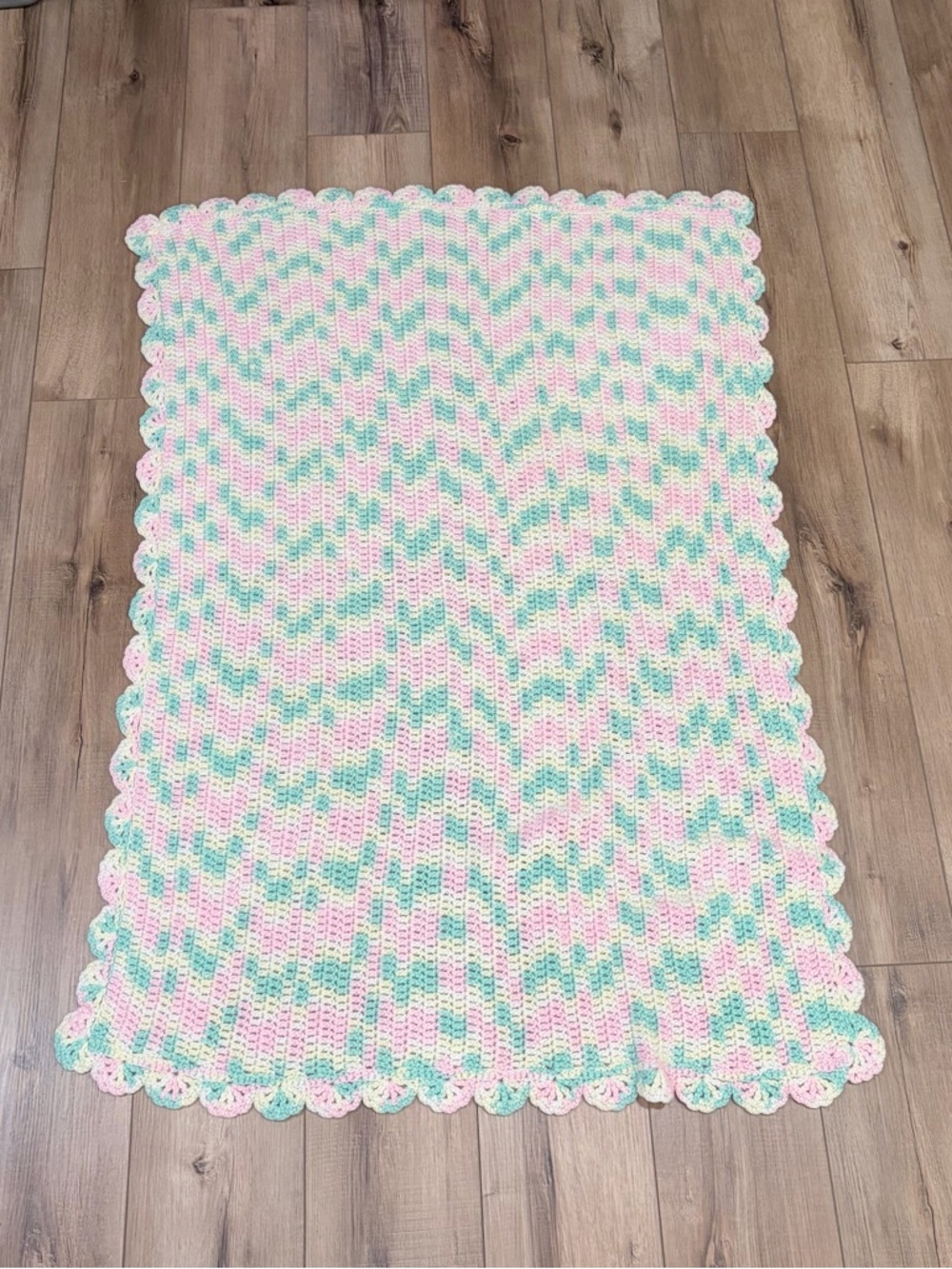 Vintage Crochet Baby Blanket Pastel Cottagecore Handmade Knit Throw Pink Yellow - Picture 4 of 6